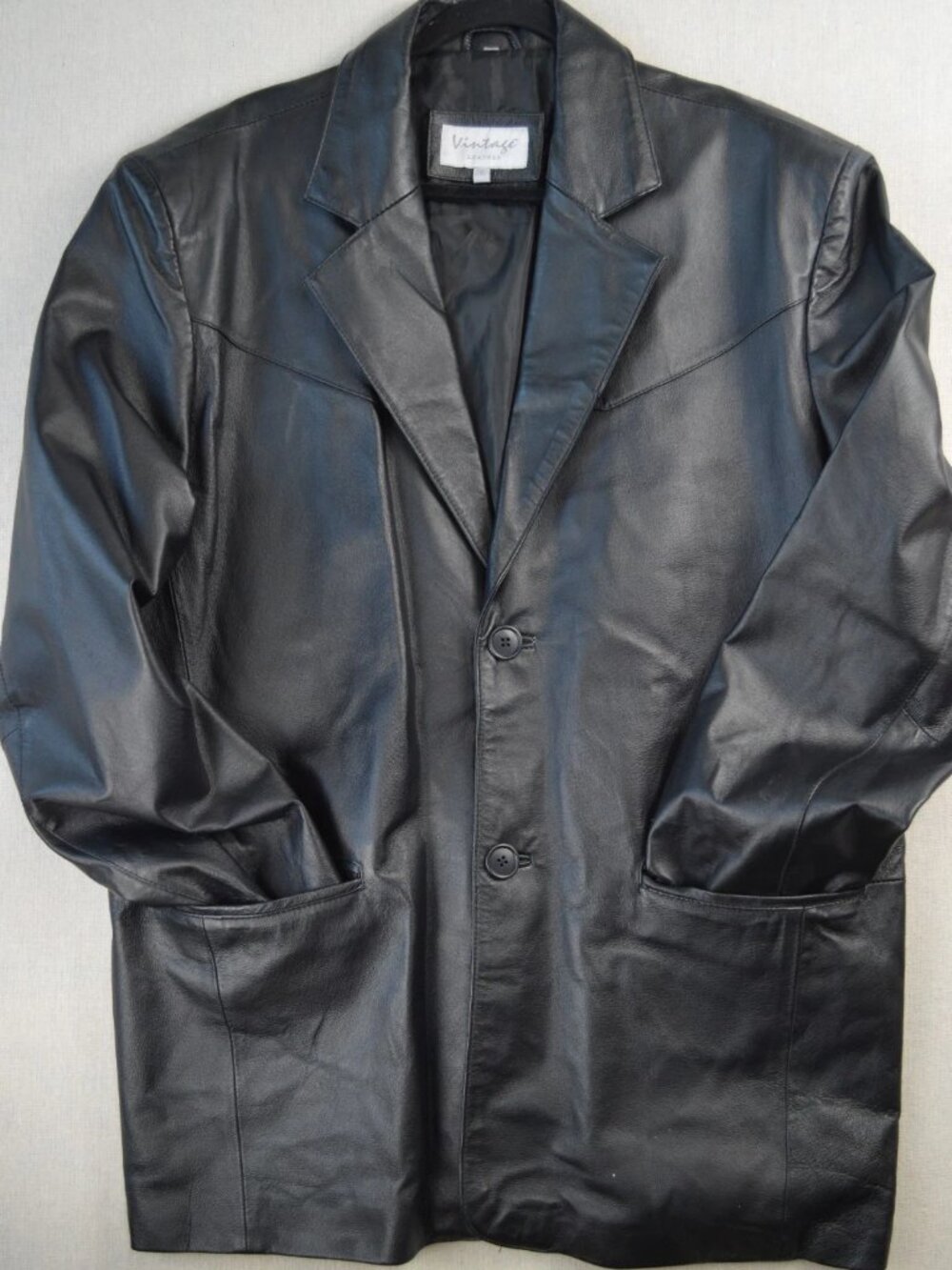 Vintage Leather Mens Black Blazer Long Sleeve Notch Lapel Button Front Size 2XL